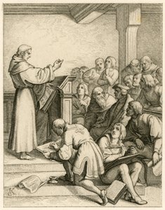 Martin Luther holder forelæsninger på universitetet Wittenberg, foran ham vicekansleren Dr. Pollich og hans faderlige ven Johann von Staupitz (1460-1524) af Gustav Ferdinand Leopold Konig
