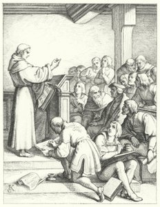Martin Luther i en filosofi og teologi forelæsning for sin bachelorgrad (gravering) af Gustav Ferdinand Leopold Konig