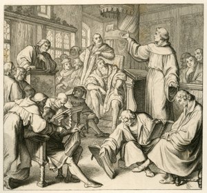 Martin Luther i diskussion med Dr. Johannes Eck (Johann Maier von Eck) (1486-1543), på Luthers side er der Philipp Melanchthon (1497-1560) og Karlstadt (Andreas Rudolf Bodenstein von Karlstadt af Gustav Ferdinand Leopold Konig