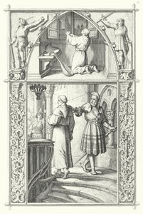 Martin Luther i bøn, mens han forbereder sig til ormenes kost (øverst). Georg von Frundsberg giver opmuntring til Martin Luther (nederst) (gravering) af Gustav Ferdinand Leopold Konig