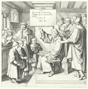 Martin Luther introducerer Katekismus til skolebørn (gravering) af Gustav Ferdinand Leopold Konig