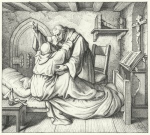 Martin Luther trøstes af en medmunk under hans åndelige pine i klostret (gravering) af Gustav Ferdinand Leopold Konig