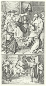 Martin Luther forlader pavens legat i Wittenberg, Thomas Cajetan (øverst). Martin Luther forlader byen Augsburg (nederst) (gravering) af Gustav Ferdinand Leopold Konig