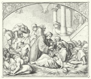 Martin Luther tilbyder trøst til pestramte (gravering) af Gustav Ferdinand Leopold Konig