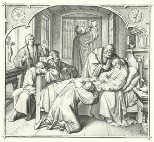 Martin Luther beder ved Philip Melanchthons dødsleje (gravering) af Gustav Ferdinand Leopold Konig