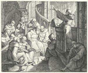 Martin Luther prædiker for Johann von Staupitz og de andre munke ved klostret (stik)