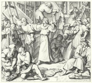 Martin Luther holder ikonoklasterne i Wittenberg tilbage (gravering) af Gustav Ferdinand Leopold Konig