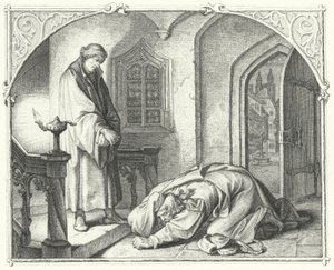 Martin Luther med købmanden Hans Kohlhase (stik) af Gustav Ferdinand Leopold Konig