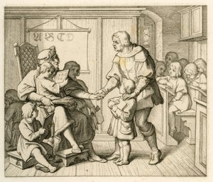 Martin Luthers indskrivning på skolen i Mansfield, i denne illustration sammen med sin far Hans af Gustav Ferdinand Leopold Konig