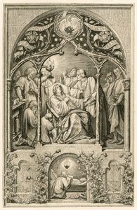 Martin Luthers død, Luthers to sønner knæler foran sin far, Dr. Justus Jonas siger de sidste ord, bag dem beder Michael Coelius, Johannes Aurifaber med en kandelaber, lægen Simon Wild med medicin og til højre grev Albr. af Gustav Ferdinand Leopold Konig