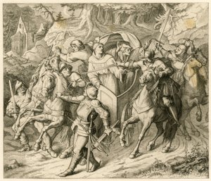 Bortførelsen af Martin Luther på hans hjemrejse - 1521 - af Hauptmann von Berlepsch og Burkhard Hund, fordi der var tyren til bandlysning af paven og kejserens fredløshed