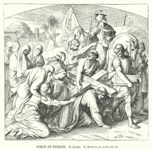 Simon af Kyrene, St. Matthæus, kap xxvii, ver 32 (gravering) af Gustav Jager