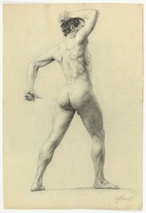 Mandlig nøgen fra ryggen, ca. 1880 (blyant forstærket med hvidt kridt på papir) af Gustav Klimt