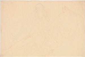 liggende nøgenbilleder; Støttet liggende figur, gentagelse til venstre, 1913 af Gustav Klimt