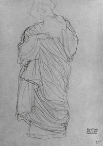 Klæbet stående kvinde holder kort, (blyant på brunt papir) af Gustav Klimt