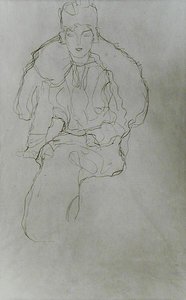 Siddende kvinde med pelsbind og hovedbeklædning af Gustav Klimt