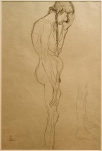 Stående gammel kvinde i profil til højre, benstudium af Gustav Klimt