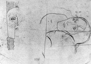 Studier til Ver Sacrum 1900 - Pallas Athene and a Tragic Head, 1897-98 (blyant og blå farveblyant på kalkerpapir) af Gustav Klimt