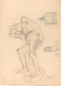 Studie af en nøgen gammel kvinde, der knytter sine næver, og to dekorative genstande af Gustav Klimt