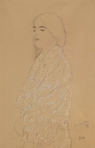 Kvinde med et hvidt sjal (blyant med hvidt og rødt kridt på papir) af Gustav Klimt