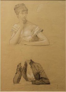 To studier af en ung kvinde siddende ved et bord af Gustav Klimt