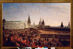 Militærparade under kroningen af ​​kejser Alexander II (1818-1881) i Kreml i Moskva, 18. februar 1855. Maleri af Gustav Schwarz (ca. 1800-efter 1855), olie på lærred