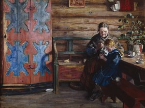 Gårdinteriør med barnebarn (olie på lærred)