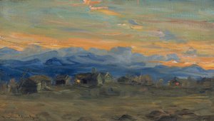 Bjerggård i aftenlys af Gustav Wentzel