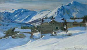 Bjerggård i snelandskab af Gustav Wentzel