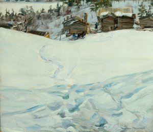 Bjerggård i vinterlandskab af Gustav Wentzel