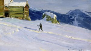 Vinteraften i Vaga med skiløber (olie på lærred)