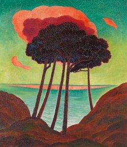 Fyrretræer med en rød sky, ca. 1909.