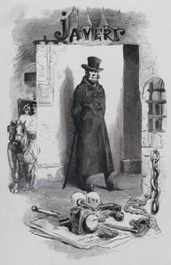Scene fra Les Miserables, af Victor Hugo: Javert, detektiven (gravering) af Gustave (after) Brion