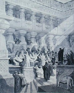 Daniel fortolker skriften på væggen, graveret af A. Ligny, ca. 1868 (gravering) af Gustave (after) Dore