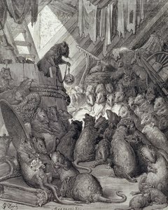 Rådet holdt af rotterne, fra fabler af La Fontaine, indgraveret af Antoine Valerie Bertrand (f.1823) c.1868 (gravering) af Gustave (after) Dore