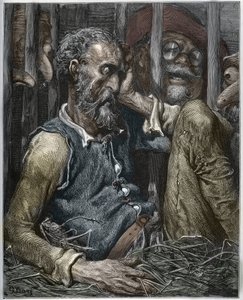 Don Quixotes fortryllelse fra "Don Quixote de la Mancha" af Miguel Cervantes (1547-1616) (Don Quixote) - Træsnit efter tegning af Gustave Dore af Gustave (after) Dore