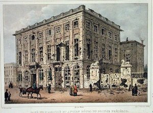 Cafe Amitie og det gamle hotel du Prince Frederic, Bruxelles, efter kampene den 23.-26. september 1830, indgraveret af Jean Baptiste Madou (1796-1877) (farvestik) af Gustave Adolphe (after) Simoneau