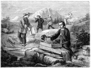 Kinesiske minearbejdere, Californien, 1800-tallet. af Gustave Adolphe Chassevent Bacques