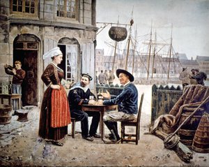 2 mænd (en sømand og en bretonsk fisker) i en bar, der chatter med en bretonsk servitrice, Saint Malo