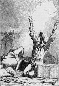 Gavroche falder på barrikaderne - i "" Les Miserables"" af Victor Hugo, syg. af Brion, red. Hetzel og Lacroix