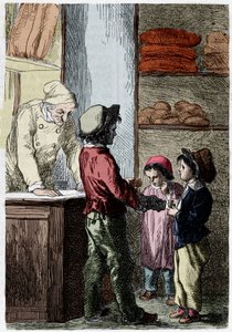 Gavroche giver brød til børn - i "" Les Miserables"" af Victor Hugo, syg. af Brion, red. Hetzel og Lacroix