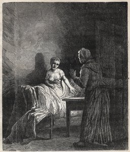 Marguerite træder ind på Fantines værelse og Fantine viser ham to Napoleoner (mønt), der kan redde Cosette, hans datter - Illustration af Gustave Brion (1824-1877) til "The Miserables - First part: Fantine" af Victor Hugo (1802-1885) 1862 af Gustave Brion