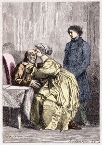 Marius og Cosette besøger Jean Valjean syg - i "" Les Misérables "" af Victor Hugo, syg. af Brion, red. Hetzel og Lacroix