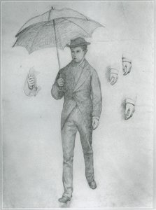 Studie til Ung mand med paraply (blyant på papir) af Gustave Caillebotte