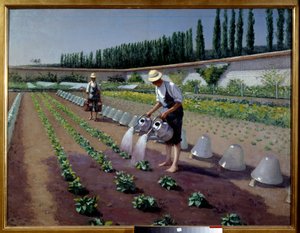 Gartnerne. To mænd med deres vandkander vander deres plantage. I nærheden af dem brugte glasklokker til at dække afgrøder. Maleri af Gustave Caillebotte (1848-1894) af Gustave Caillebotte