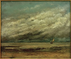 Sejlbåd nær kysten, stormfuld himmel af Gustave Courbet