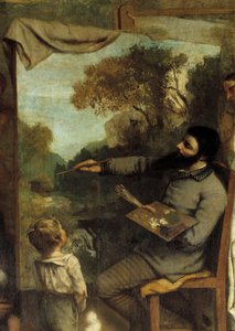 Malerens Værksted. Allegorie Reelle bestemmer en syv-årig fase af mit kunstneriske liv (og moralske) Detalje, der skildrer maleren, der beundres af et barn, der symboliserer ungdommens uskyld. Maleri af Gustave Courbet (1819-1877) af Gustave Courbet