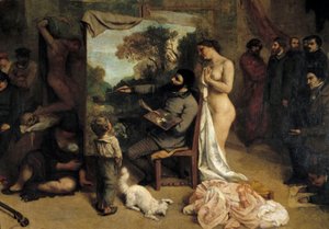 Malerens Værksted. Allegorie Reelle bestemmer en syv-årig fase af mit kunstneriske liv (og moralske) Detalje, der skildrer maleren, omgiver hendes to inspirationskilder, et barn, der symboliserer naivitet, og en nøgen kvinde. Maleri af Gustave Courbet (181