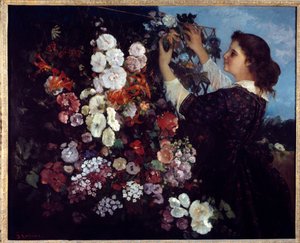 Kvinden med blomster eller gitteret. Maleri af Gustave Courbet (1819-1877) af Gustave Courbet