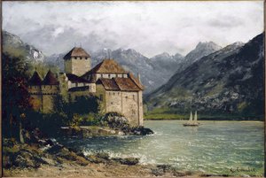 Udsigt over Chillon-slottet ved Genevesøen (olie på lærred af Gustave Courbet